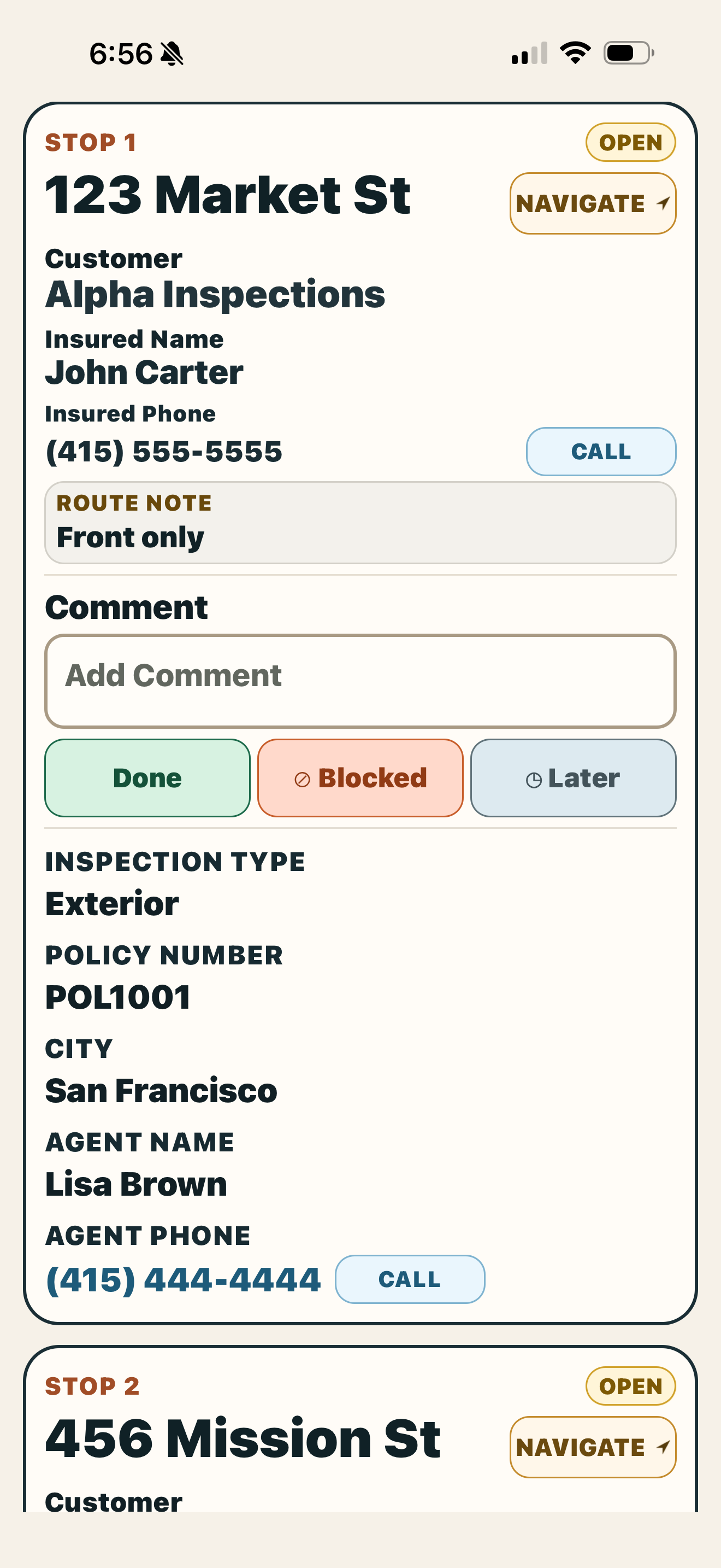 KleshRoute navigate button on stop card