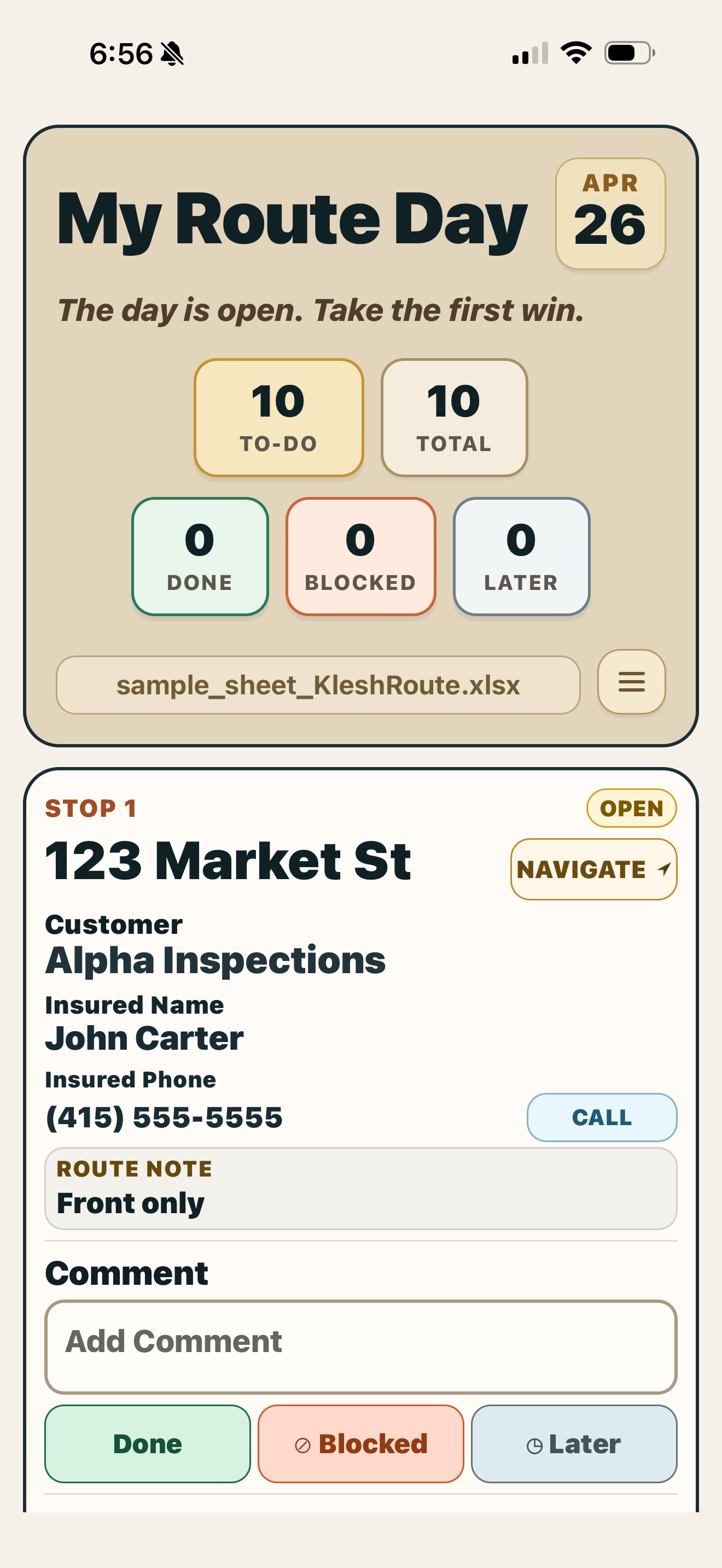 KleshRoute dashboard with uploaded route